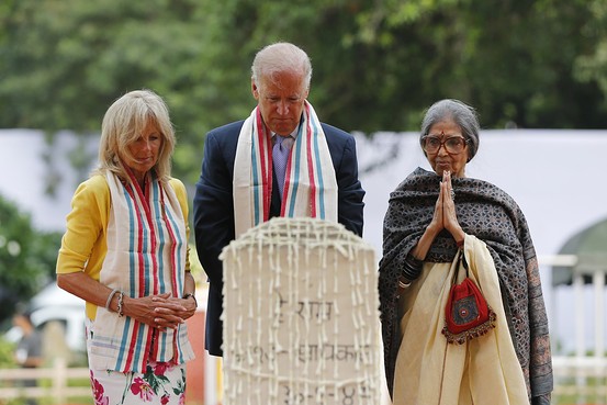 US Vice President Joe Biden with his wife Dr. Jill Biden and Gandhi's granddaughter Tara Gandhi